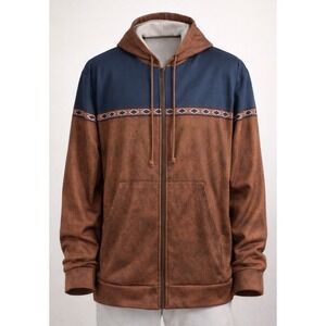 Men's Fleece Lined Hooded Jacket Southwestern Outdoor Zip Hoodie Brown 2XL